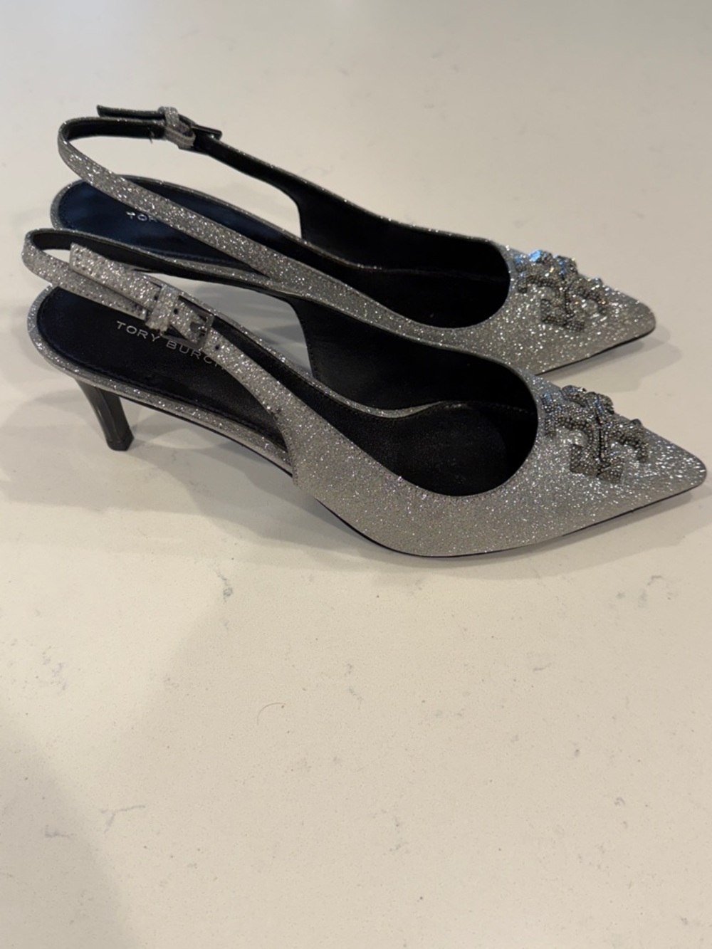Gently used Tory Burch Silver Glitter Pointed Slingback Heels with Logo 8.5 - Picture 3 of 7